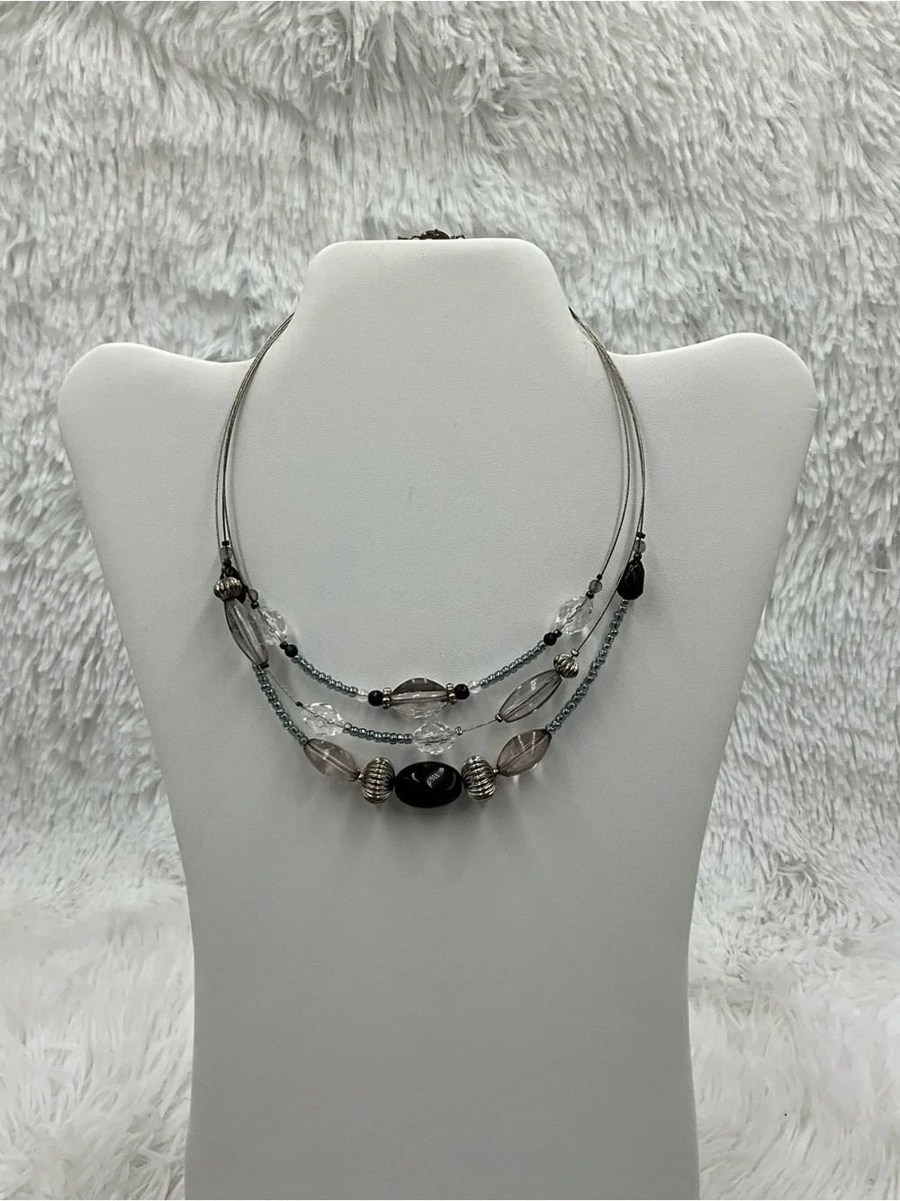 Layered Black and Gray Beaded Multi-Strand Statement Necklace Silver Tones
